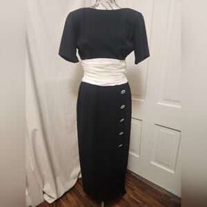 VTG Morton Myles Black Ivory Column Cummerbund Dress Jeweled Buttons 10